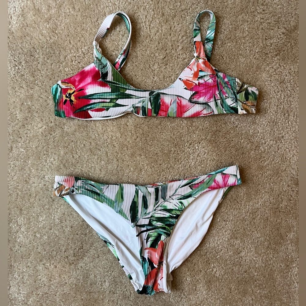 white lite bikini with leaf and floral pattern